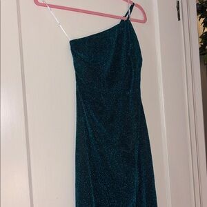 “Stole the Spotlight” Teal Sparkly One-Shoulder Midi Dress